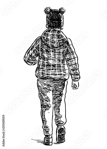 Sketch of one little girl walking along street