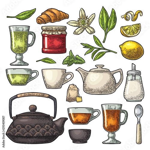 Set tea. Vector color vintage engraving. Isolated on white background