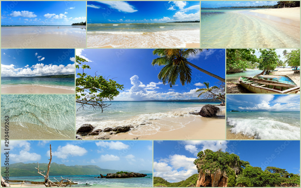 Collage from views of the Caribbean beaches, amazing landscape of Samana, Dominican Republic, with hammock, mangroves, cocktails, shells, palm trees, flowers, ocean, waves, sky, sun and clouds