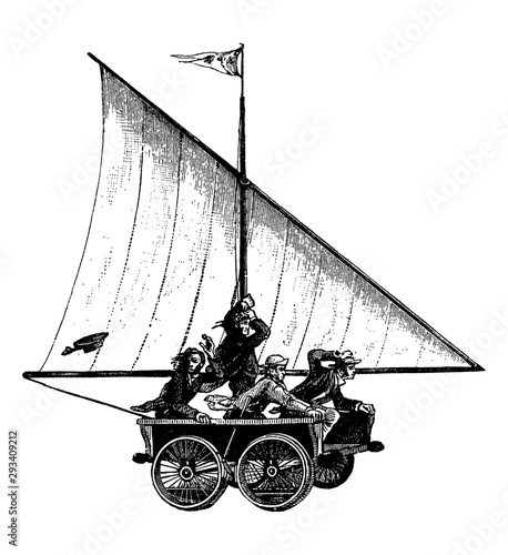 Vintage engraving of land sailing men