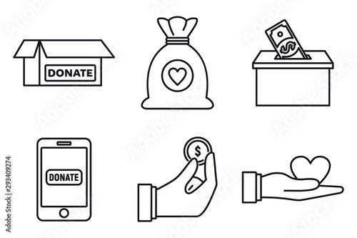 Charity donations icons set. Outline set of charity donations vector icons for web design isolated on white background