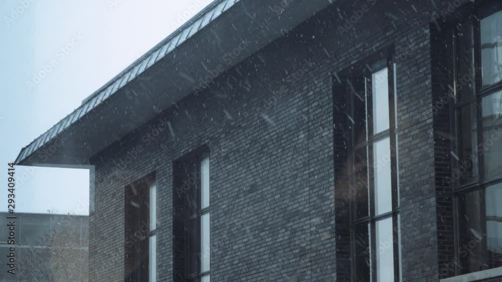 Snowfall in Front of Brick Building Snowfall in Front of Brick Building