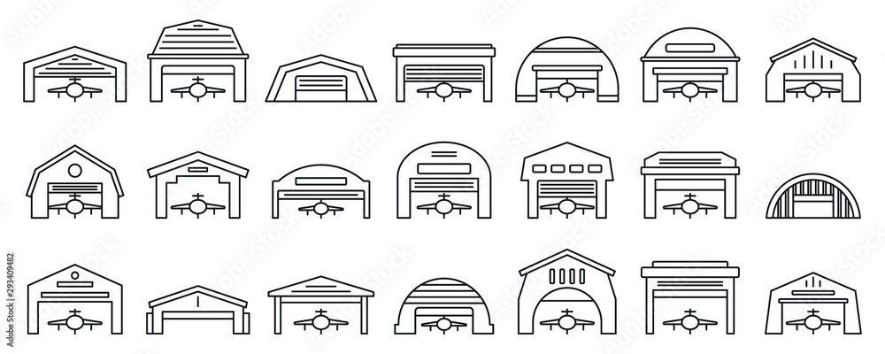 Airport hangar icons set. Outline set of airport hangar vector icons for web design isolated on white background - obrazy, fototapety, plakaty 