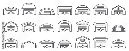 Airport hangar icons set. Outline set of airport hangar vector icons for web design isolated on white background