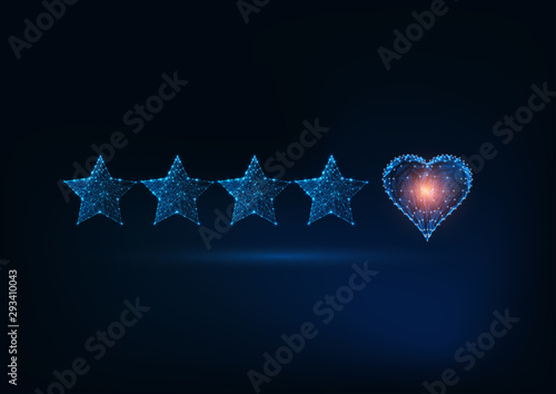 Best quality excellent customer service concept. Futuristic glowing low poly five stars and heart