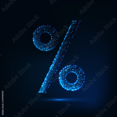 Futuristic glowing low polygonal percentage sign isolated on dark blue background.