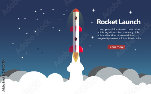 Rocket ship in a flat style.Vector illustration with 3d flying rocket.Space travel to the moon.Space rocket launch.Project start up and development process.Innovation product creative idea.Management.
