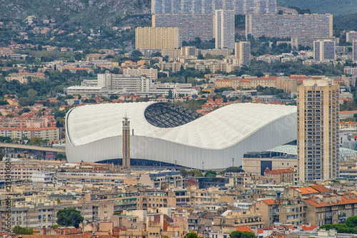 Aerial view of Marseille city and the Orange Velodrome stadium, France photo