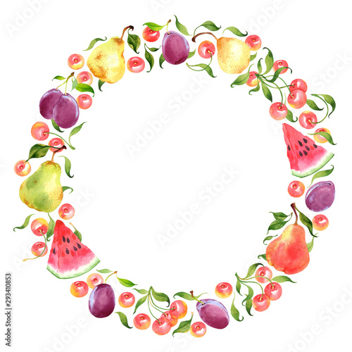 Watercolor wreath with cherry  watermelon  pear and plum