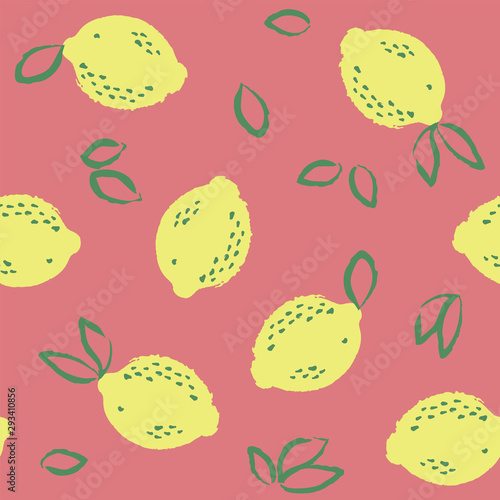 Fototapeta Naklejka Na Ścianę i Meble -  Watercolour seamless pattern with hand drawn lemons. Concept vivid fashion backdrop on rosy color. Citrus fruit background vector illustration