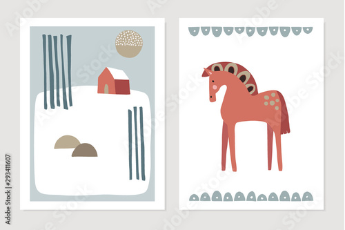 Set of Christmas Scandinavian greeting cards, invitations. Abstract winter snowy landscape with red house and trees and ornamental Swedish horse. Nordic winter design. Vector illustration background.