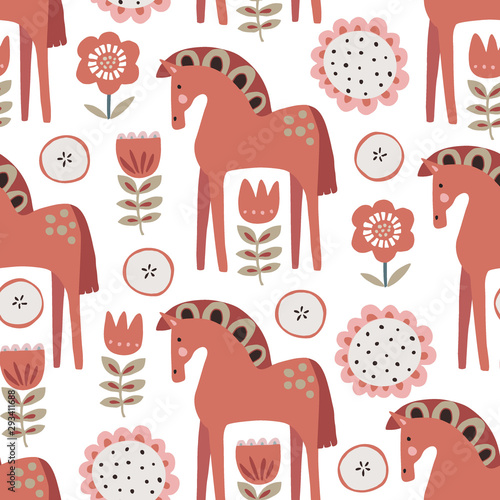 Christmas Scandinavian seamless pattern with red ornamental horses, apples and flowers. Nordic, Swedish winter design for textile, gift wrapping paper, scrapbooking. Vector illustration background.
