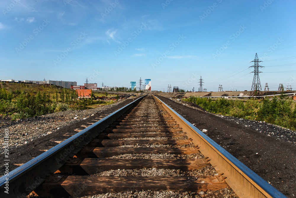 Industrial railway for trains with iron ore, Norilsk, Russia.