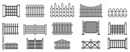 Garden fence icons set. Outline set of garden fence vector icons for web design isolated on white background