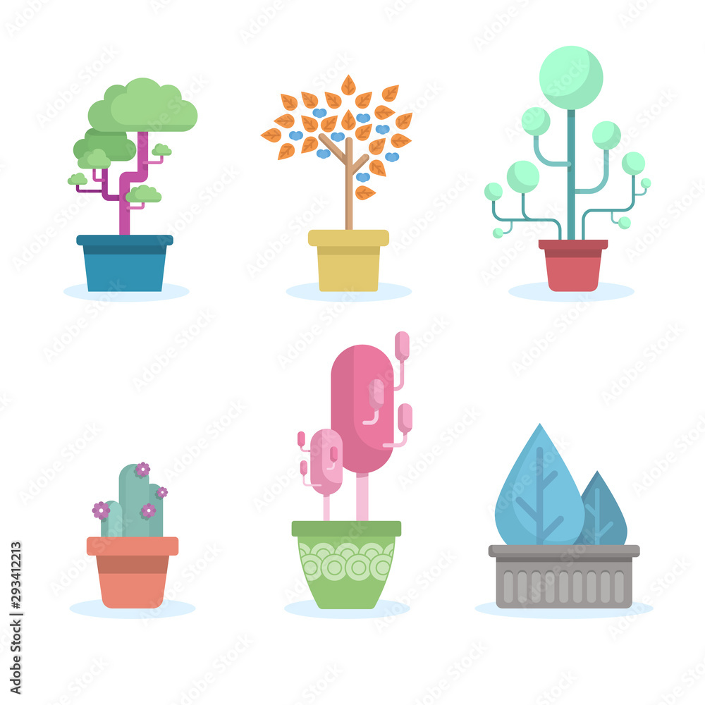 Pot de plantes et de fleurs colorés. Illustration vectoriel en flat design Pot de plantes et de fleurs colorés. Illustration vectoriel en flat design