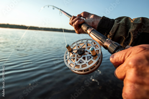Fotografia Hands of a man in a Urp plan hold a fishing rod, a fisherman catches fish at dawn