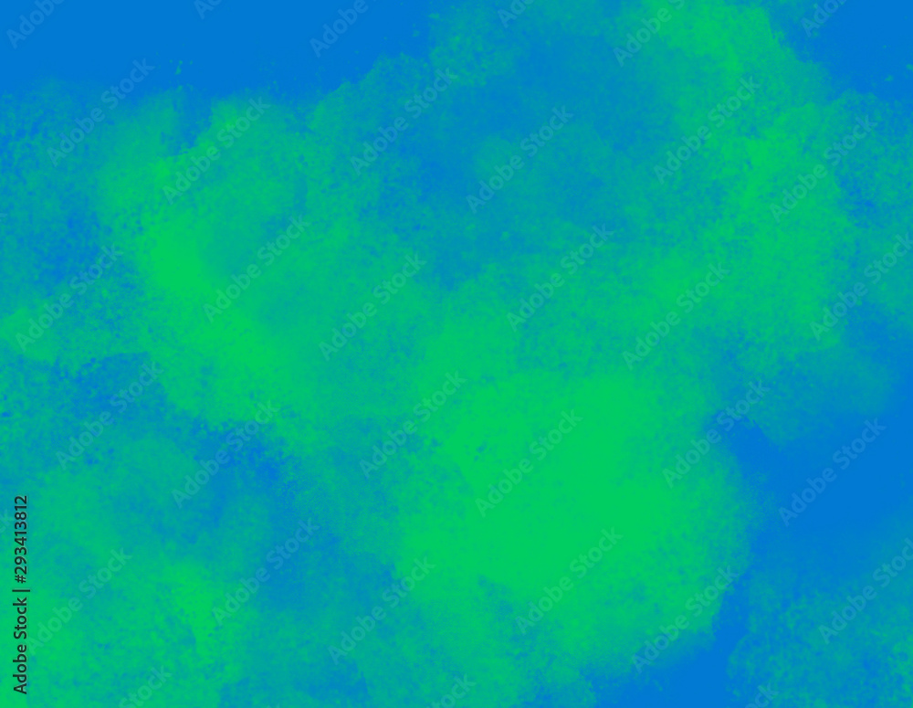Green watercolor splash clouds on blue background. Space for copy text.