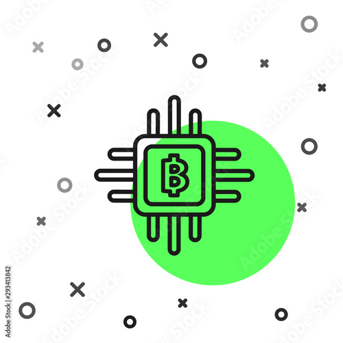 Black line CPU mining farm icon isolated on white background. Bitcoin sign inside processor. Cryptocurrency mining community. Digital money. Vector Illustration