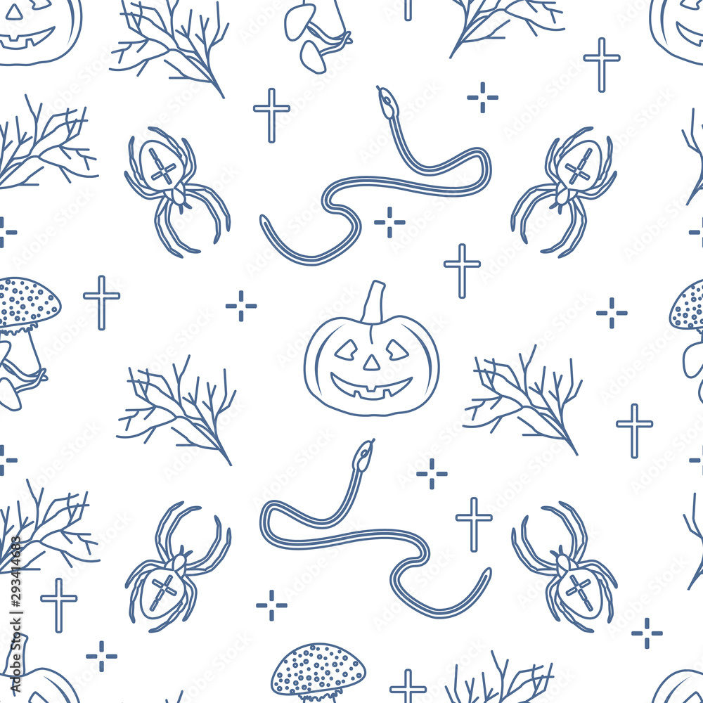 Naklejka premium Halloween seamless pattern. Pumpkin, spider, snake