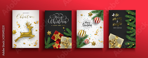 Christmas new year card set of gold 3d ornaments