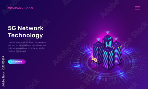 Smart city, wireless network technology, isometric concept vector illustration. Tall buildings with symbol wireless internet isolated on ultraviolet background. High speed internet web page
