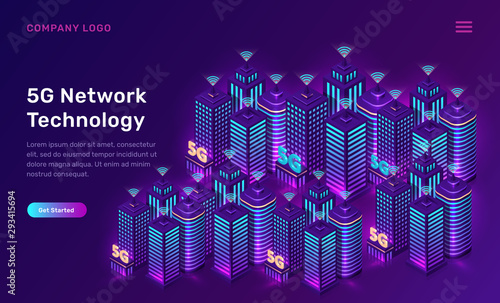5G network technology, isometric concept vector illustration. Smart city, tall buildings with 5G symbol wireless internet isolated on ultraviolet background. High speed internet web page