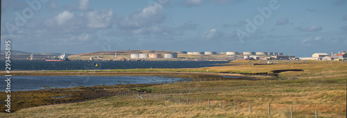 Sullom Voe Oil Terminal and Gas Plant in Shetland, UK - the plant handles production from oil fields in the North Sea and East Shetland Basin and stores oil before it is transported by tanker.