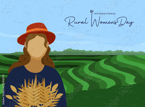 Rural womens day card of farmer worker woman