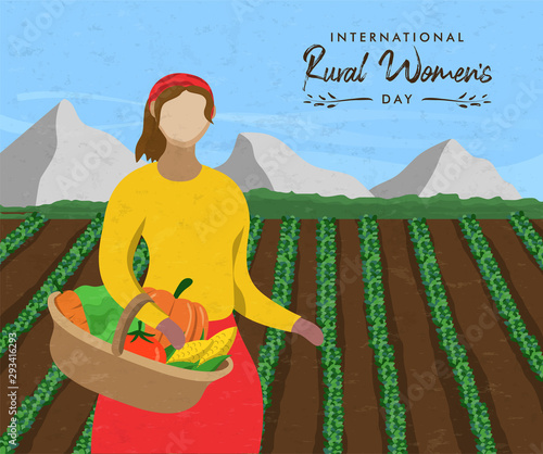 Rural womens day card woman with farm vegetables