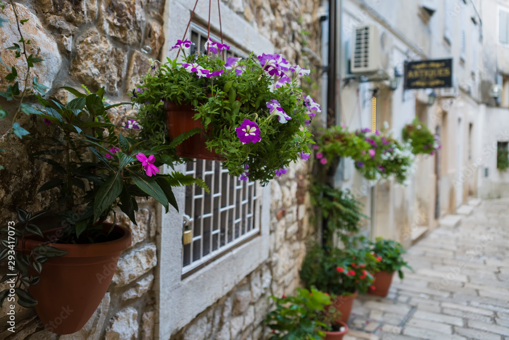 A narrow street in the ancient city. Fragment of the stone wall of the building with hanging pots of flowers. Selective focus.