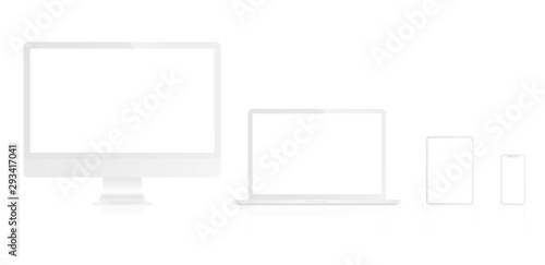 Realistic white set of monitor, laptop, tablet, smartphone. Vector mockup - Stock Vector.