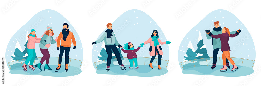 Happy families and couples skating on ice rink. Vector flat cartoon  illustration. Seasonal holiday banners or labels set Stock Vector | Adobe  Stock