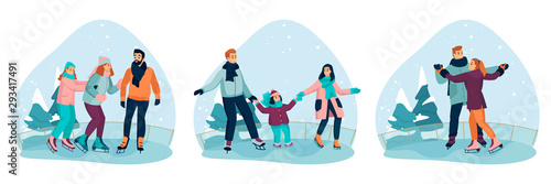 Happy families and couples skating on ice rink. Vector flat cartoon illustration. Seasonal holiday banners or labels set
