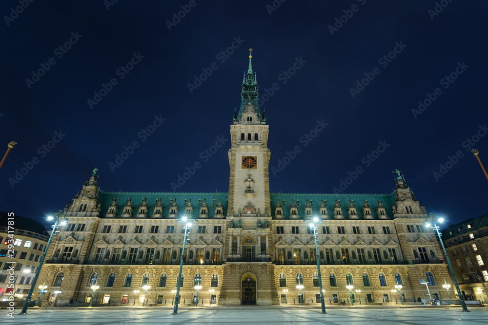 city hall at night in hamburg germany