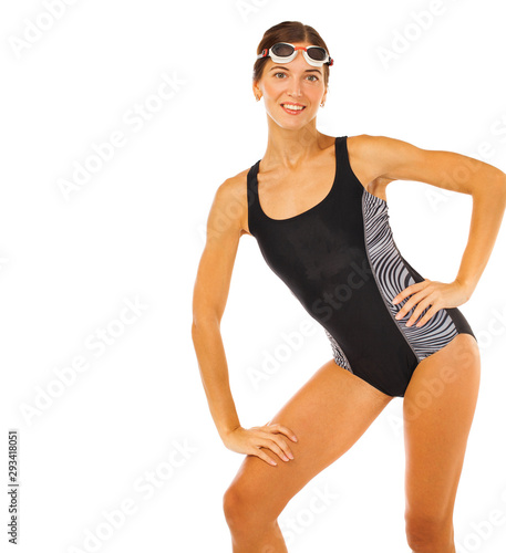sexy woman swimmer in studio isolated on white background