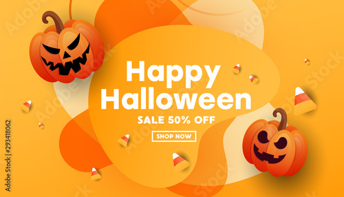 Creative modern banner for halloween celebration with scary face of pumpkins, candies, gold confetti on an orange background.