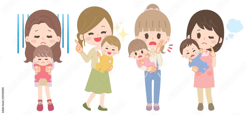Illustration set of young women raising children Illustration set of young women raising children