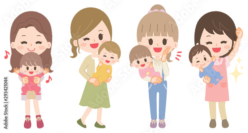 Illustration set of young women raising children