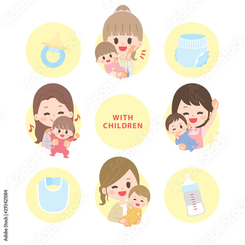 Illustration set of young women raising children