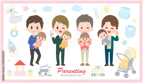 Illustration set of men taking care with baby goods