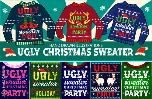 Ugly christmas sweater and new year greeting card. 