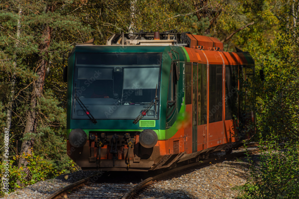Passenger train in color autumn morning near Vimperk town in park Sumava