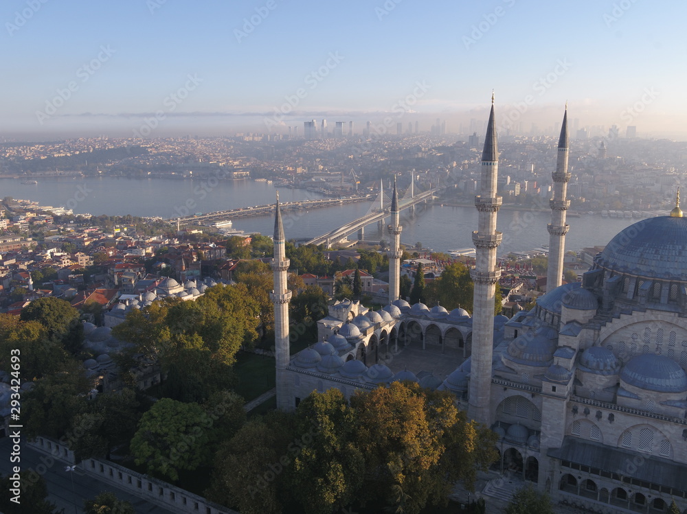 Aerial view of Istanbul Suleymaniye Mosque in a foggy day