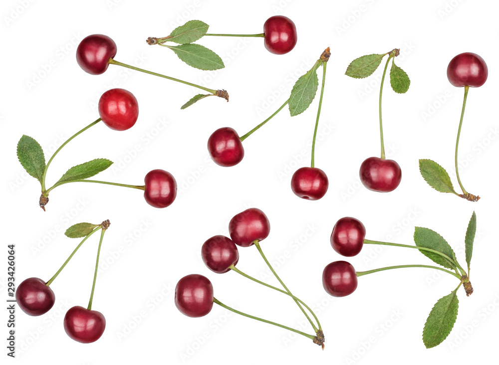 Cherry fruits isolated on white background. Top view. Cherry fruits isolated on white background. Top view.