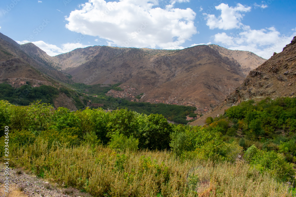 Naklejka premium High Atlas Mountains in Morocco. Nature Landscape of North Africa, Road to Toubkal or Tubkal Mountain 