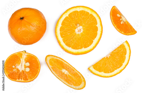 Sliced tangerine and oranges isolated on white, top view