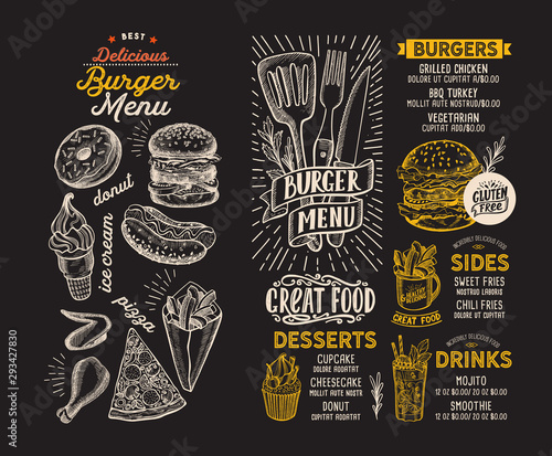 Burger menu food template for restaurant with doodle hand-drawn graphic.