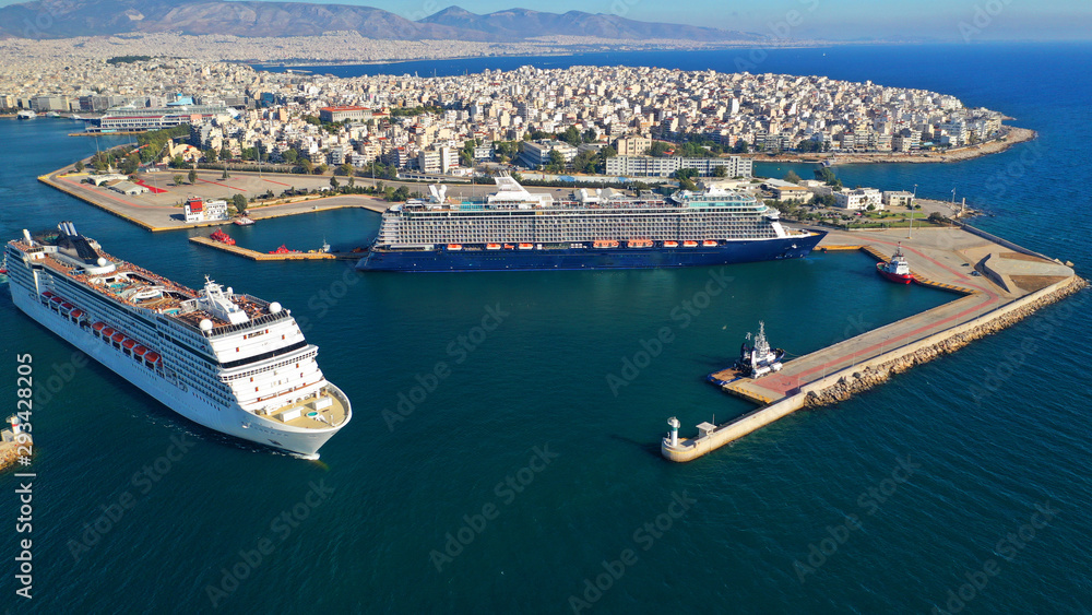 Aerial photo of famous busy port of Piraeus one of the largest in Mediterranean, Attica, Greece