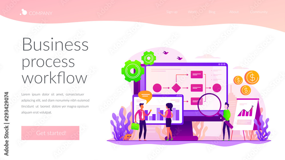Company strategy. Work organization. Project management. Business process automation, business process workflow, automated business system concept. Website homepage header landing web page template.