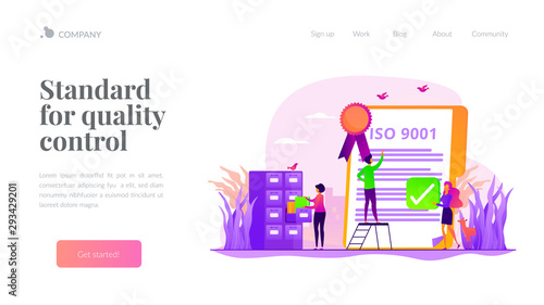Good manufacturing practice. Stamp of approval. Quality management. Standard for quality control, ISO 9001 standard, international certification concept. Website homepage header landing web page